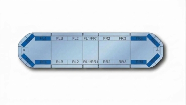 Preview: Bestückungsplan des Juluen Legion Fit LED-Lichtbalkens (1387 mm) mit 4 Eckmodulen (FLC, FRC, RLC, RRC) und 4 Zusatzmodulen (FL4, FR4, RL4, RR4).