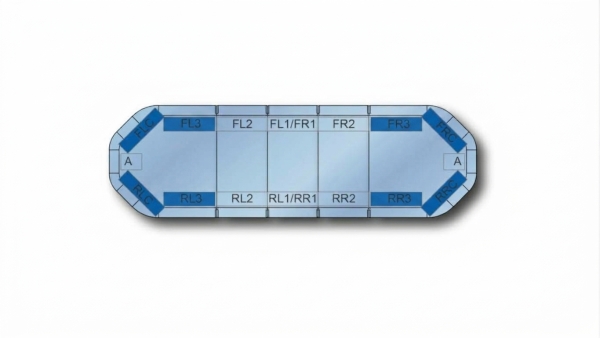 Bestückungsplan des Juluen Legion Fit LED-Lichtbalkens (1087 mm) mit 4 Eckmodulen (FLC, FRC, RLC, RRC) und 4 Zusatzmodulen (FL3, FR3, RL3, RR3)