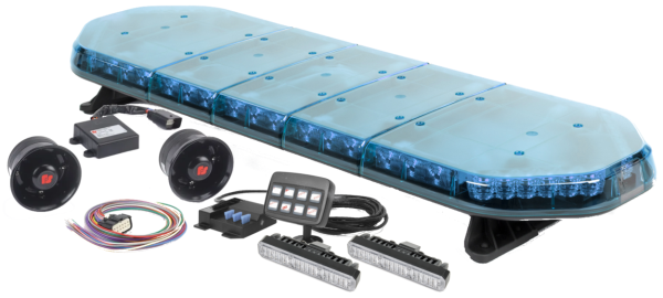 Lieferumfang des Komplettpakets Sondersignalanlage KdoW mit Juluen Legion Fit LED-Lichtbalken, zwei Druckkammerlautsprechern, Powerbox, Bedienteil SX830 und zwei MS6 LED-Frontblitzern.